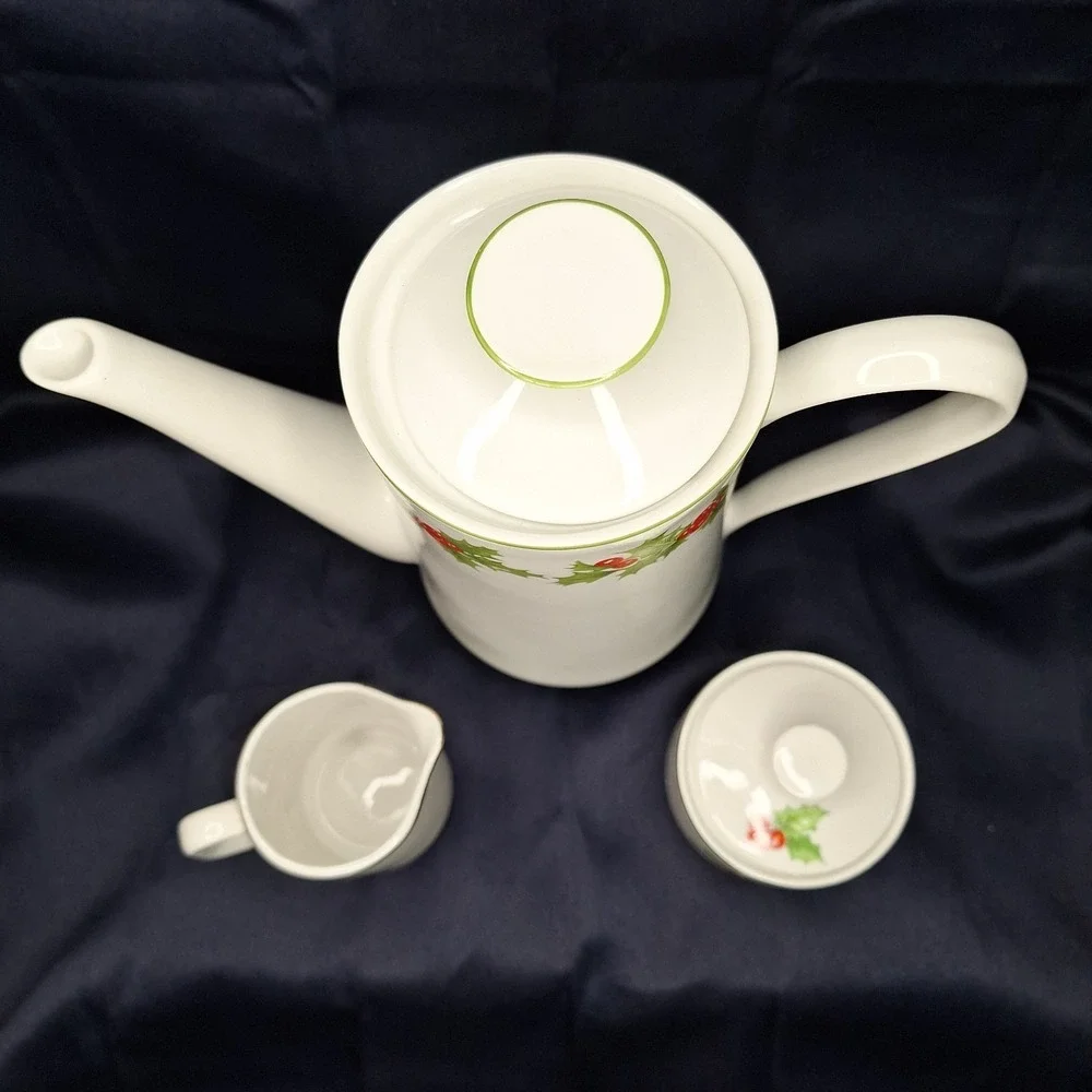 Schmidt Porcelain Coffee Tea Pot Christmas Holly Leaf Berry + other Cream Sugar